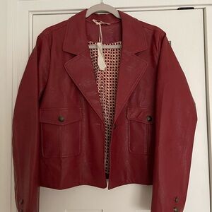 Dark Red faux leather short jacket / blazer in Medium.